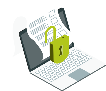 Eine abstrakte Illustration eines Laptops mit einem Dokument über dem Display und einem geöffneten Vorhangschloß davor zur Versinnbildlichung von digitalem Datenschutz
